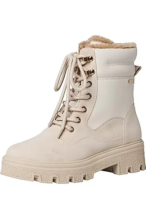 QS by s.Oliver Damen Stiefeletten ohne Absatz aus Kunstleder Plateau Beige , 39