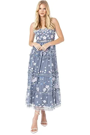 Maya Deluxe Damen Womens Midi Ladies Embroidered Floral Ruffle Sleeveless V Neck Dress for Wedding Guest Bridesmaid Prom Evening Kleid, , 34