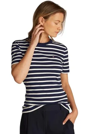 Tommy Hilfiger Damen Langarmshirt Slim U-Boot-Ausschnitt, Mehrfarbig (Ecru/ Blue Spell Stp), XL
