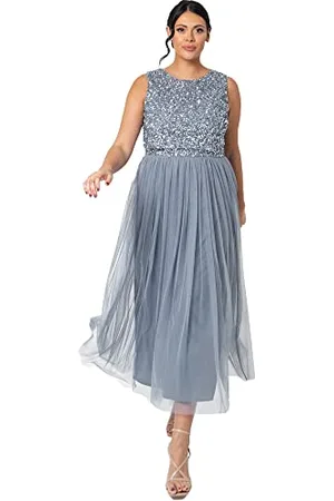 Maya Deluxe Vrouwen Midaxi Jurk Dames Mouwloze Pailletten Hoge Empire Taille Tule Versierd voor Bruiloft Gast Bal Bruidsmeisje, Bessen, 42