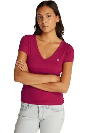 Tommy Hilfiger Damen T-Shirt Kurzarm Slim Essential Rib V-Ausschnitt, Rot (Brilliant Berry), S