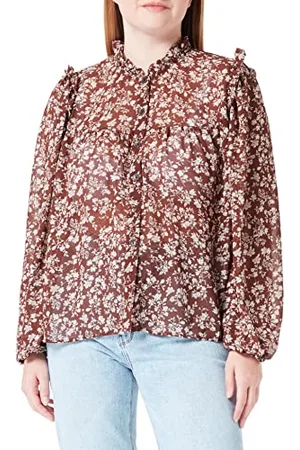 Dreimaster Vintage Damen Rüschenbluse Bridgeport 37324864, Dunkelbraun Weiss, XS