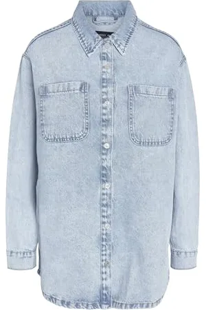 Noisy May Damen Jeansjacke Oversize Denim Übergangsjacke Dropped Shoulder Shacket Bleached Design, Farben: , Größe:M