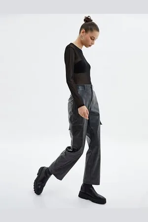 Koton Faux Leather Cargo Pants Washed Effect Standard Waist Straight Leg Pockets