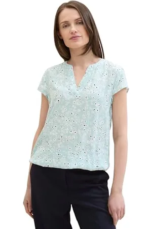 TOM TAILOR Damen Kurzarm-Bluse mit Muster , blue tiny flower design, 32