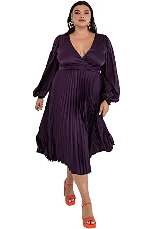 Lovedrobe Damen Geplooid Midaxi Dress Dames Evening Gown V Halslijn Achterkant Sleutelhanger Lange Mouw Bi Kleid, , 48 EU