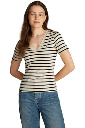 Tommy Hilfiger Damen T-Shirt Kurzarm New Slim Cody V-Ausschnitt, Mehrfarbig (Fine Stp Country Ivory/ Drk N Navy), XL