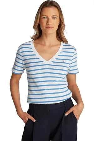 Tommy Hilfiger Damen T-Shirt Kurzarm New Slim Cody V-Ausschnitt, Mehrfarbig (Ecru/Blue Spell STP), XXL