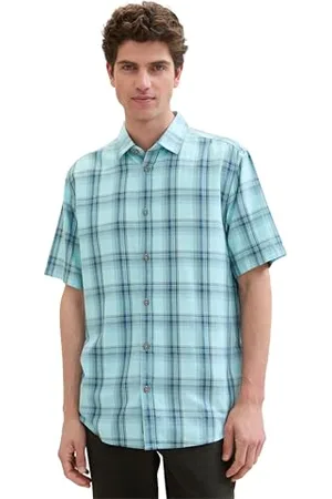 TOM TAILOR Herren Basic kurzarm-Hemd mit Karomuster, turquoise herringbone check, L