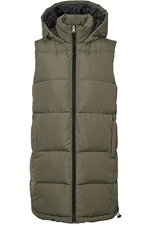 Noisy May Damen Lange Puffer Weste | Wattierte Stepp Übergangsjacke ohne Ärmel | mit Kapuze & Zip NMAURORA, Farben:Olive, Größe:38