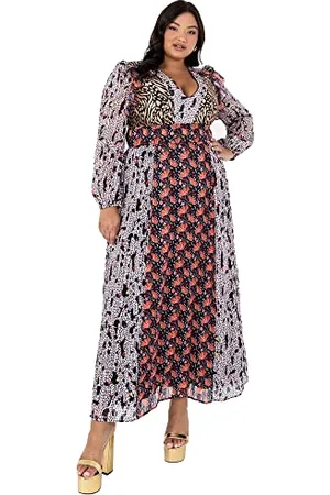 Lovedrobe Damen Ladies Plus Size Dress for Women with Pockets Flowers Bishop Long Sleeve Maxi V Neckline Frilly Leopard Print Kleid, , 54 EU