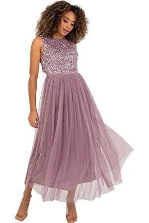 Maya Deluxe Vrouwen Midaxi Jurk Dames Mouwloze Pailletten Hoge Empire Taille Tule Versierd voor Bruiloft Gast Bal Bruidsmeisje, Bessen, 48