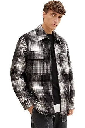 TOM TAILOR Herren 1037384 Flanell Karo-Jacke mit Teddyfell im Innenfutter, 32698-grey Black Off White Check, L
