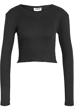 Noisy May Damen Einfarbiges Langarm Crop Top Basic Geripptes Stretch Rundhals Oberteil NMMAYA