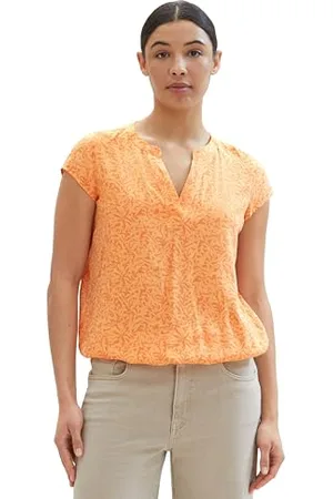 TOM TAILOR Damen Kurzarm-Bluse mit Muster , apricot abstract leaf print, 32