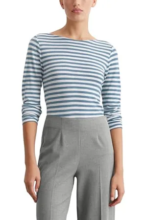 Marc O’ Polo Marc OߴPolo Damen Langarmshirt aus Bio-Baumwolle mit U-Boot-Ausschnitt, Mehrfarbig (Multi/Hazy Blue), XXS