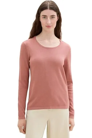 TOM TAILOR Damen 1044388 Basic Pullover mit Rundhalsausschnitt, 33157-Fading Rose Melange, XXL