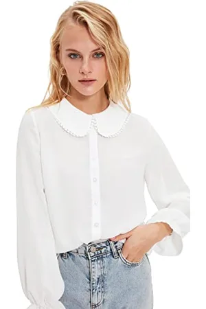 Trendyol Damen Weißes Kragen Detailliert Halbtransparentes Hemd Shirt, , 42 Große Größen EU
