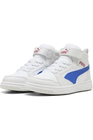 PUMA Unisex Kinder Rebound V6 Mid Ac+ Ps Sneaker, White Vivid Blue Feather Gray, 29 EU