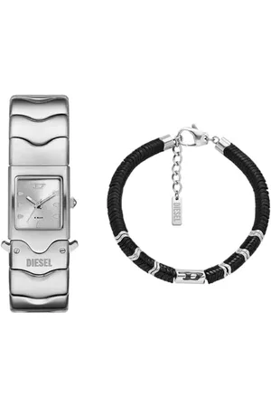 Diesel Herren Closer Silberfarbene Edelstahl Uhr und D-Logo Armband Halbedelstein, Set