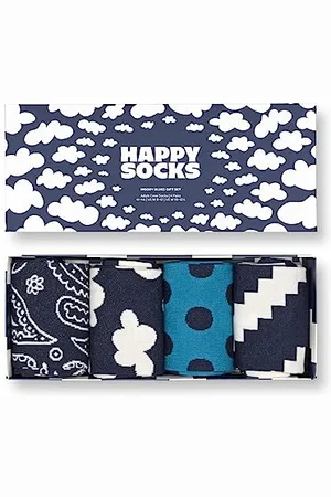 Happy Socks 4-Pack Blaue Socken für Damen und Herren, lustige gemusterte crew Socken als Geschenk Größe 36-40
