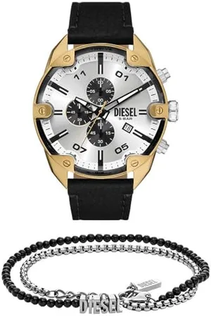 Diesel Herren Spiked Schwarze Lederuhr und Font Armband aus silberfarbenem Edelstahl, Set