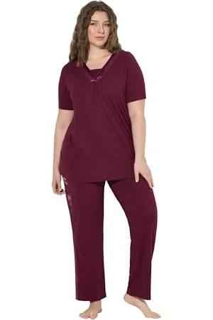 Ulla Popken Damen Pyjama, Satin Details Pyjamaset, , 46-48