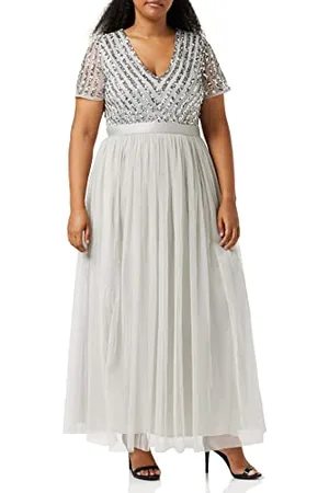 Maya Deluxe Damen Maxikleid Brautjungfer V-Ausschnitt Ballkleid Kurze Ärmel Lang Elegant Empire Taille Hochzeit Kleid, , 48