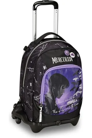 7 for all Mankind Schultrolley Jack mit 3 Rädern, Mittwoch – Be The Strange You Want To, Schwarz und – 3 in 1, Dreifachverwendung, Rucksack mit abnehmbarem Wagen, Trinkflaschenhalter, Schulrucksack für