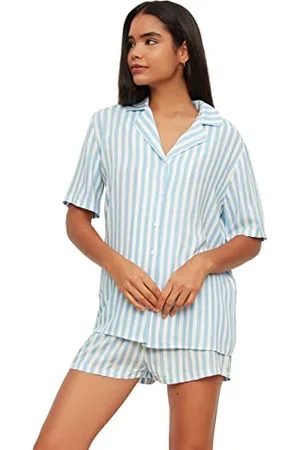 Trendyol Damen Blaues Gestreiftes Gewebte Pyjamas-team Pajama Set, , 36 EU