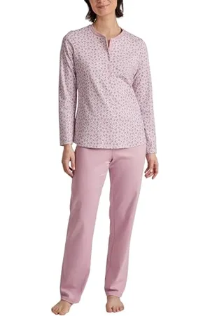 Calida Midnight Flowers Pyjama, lang Damen, aus 100% Dicker Baumwolle