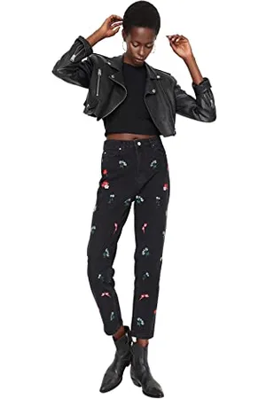 Trendyol Damen Herren Hoher Bund Mom Jeans, Anthrazit, 32 EU