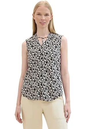 TOM TAILOR Damen Basic Bluse mit Rüschen-Detail am Kragen, black small abstract design, 46