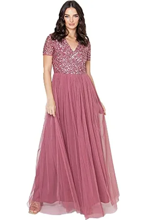 Maya Deluxe Abendkleid mit Pailletten Cocktailkleid Damen mit V-Ausschnitt Tüllkleid Wüstenrose Größe 52
