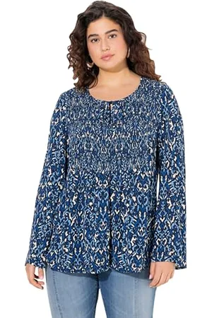 Ulla Popken Damen große Größen Übergrößen Plus Size Bluse, gesmokt, Rundhals, ausgestellter Langarm