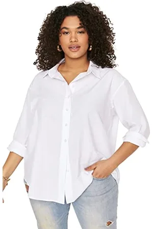 Trendyol Damen Women Collar Woven Shirt Regular Fit Basic Hemdkragen Gewebtes Plus Size Hemd, White, 48 Mehr