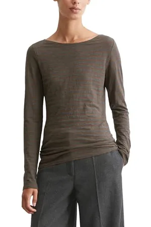 Marc O’ Polo Marc OߴPolo Damen Langarmshirt aus Bio-Baumwolle mit U-Boot-Ausschnitt, Braun (Multi/Pure Brown), XXS