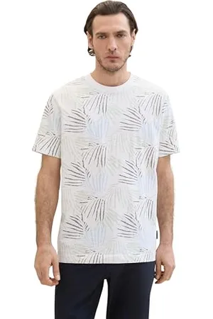 TOM TAILOR Herren Basic T-Shirt mit Allover-Print, white big leaf design, XXL
