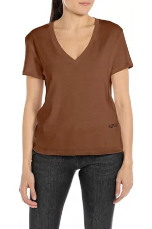 Replay Damen T-Shirt Kurzarm aus Baumwolle, (Braun), XL