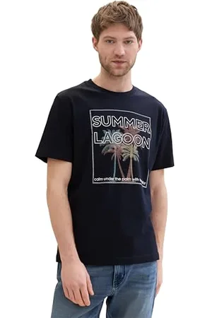 TOM TAILOR Herren Basic T-Shirt mit Sommer-Prints, sky captain blue, S