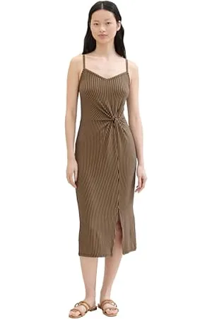 TOM TAILOR Damen Basic Midi-Kleid mit Allover Muster, black beige stripe, XL