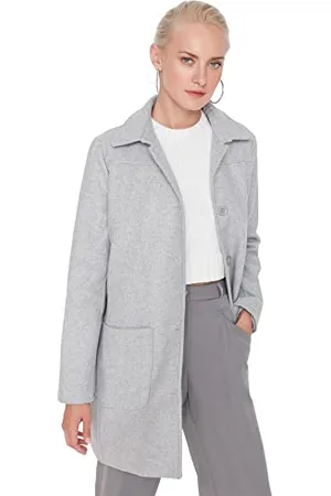 Trendyol Damen Damen Regular Bikerjacken Plain Webstoff Mantel Coat, Grau, 34 EU