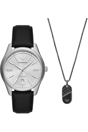 Emporio Armani Herren Schwarze Lederuhr und Halskette aus silberfarbenem Edelstahl, Set
