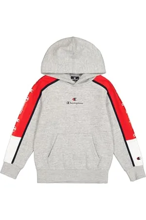 Champion Legacy Retro Sport B (306856) – Ultraleichter, weicher, kompakter Fleece-Hoodie mit Band, Grau Melange/Vermilion (NOXM/CRD/NNY), 11–12 Jahre (L), Kind FW24