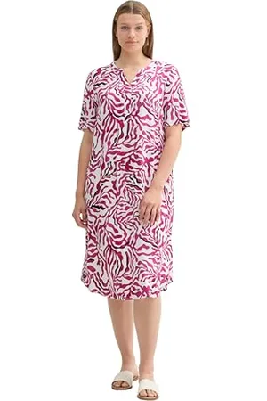 TOM TAILOR Damen Plussize Basic Kurzarm-Kleid mit Allover Print, pink cut palmtree design, 52