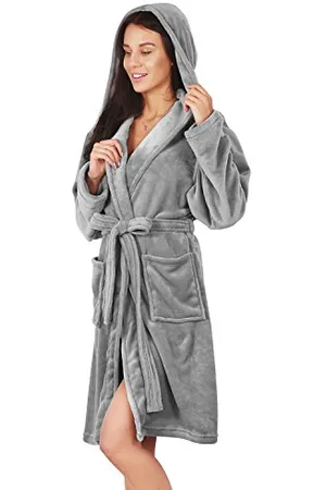 DECOKING Bademantel mit Kapuze XS kurz Damen Herren Unisex Morgenmantel weich leicht flauschig Mikrofaser Fleece Robby stahl
