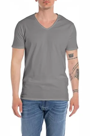 Replay Herren T-Shirt Kurzarm mit V-Ausschnitt, (Grau), M
