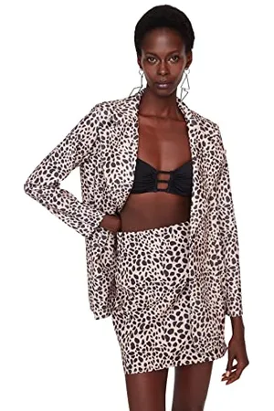 Trendyol Damen Damen Regular Zweireihig Animal Print Webstoff Jacke Coat, Mehrfarbig, 36 EU