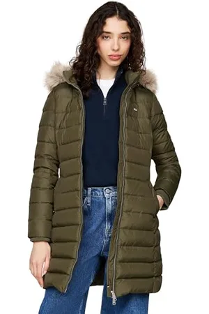 Tommy Hilfiger Damen Daunenmantel Essential Hooded Down Coat mit Kunstpelz, (Fatigue Green), XXS