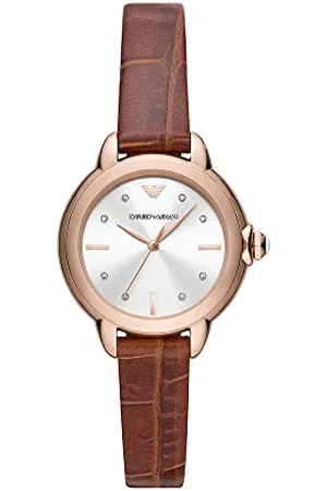 Emporio Armani Uhr für Damen , Dreizeigeruhrwerk, 32MM Rose Gold Recycled Edelstahl (Mindestens 50%) Gehäuse mit Lederarmband, AR11525